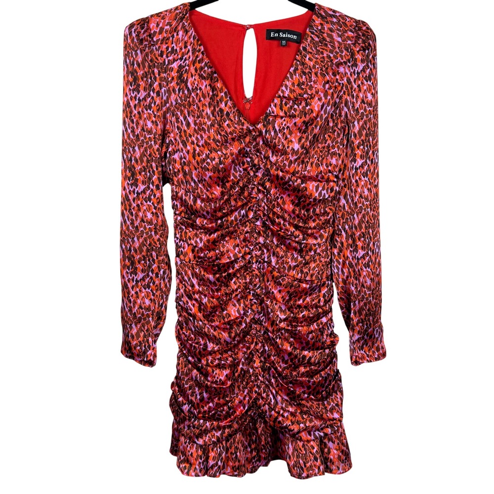 En Saison Womens Red Pink Animal Print Ruched Long Sleeve V-Neck Mini Dress XS